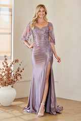 Fitted Mid-Sleeve Slit Gown by Amelia Couture 8073