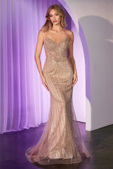 Sequin Fitted Strapless Gown by Ladivine CC416
