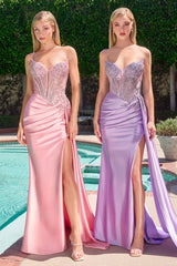 Beaded Satin Strapless Slit Gown by Ladivine CD722