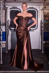 Applique Off Shoulder Slit Gown by Ladivine CD803