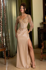 Applique Satin 3/4 Sleeve Slit Gown by Lenovia 8484