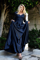 Applique Satin 3/4 Sleeve A-line Gown by Lenovia 8435