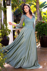 Applique Satin 3/4 Sleeve A-line Gown by Lenovia 8435
