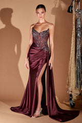 Beaded Satin Strapless Slit Gown by Ladivine CD722