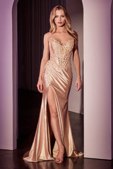 Glitter Satin Strapless Slit Gown by Ladivine CDS521
