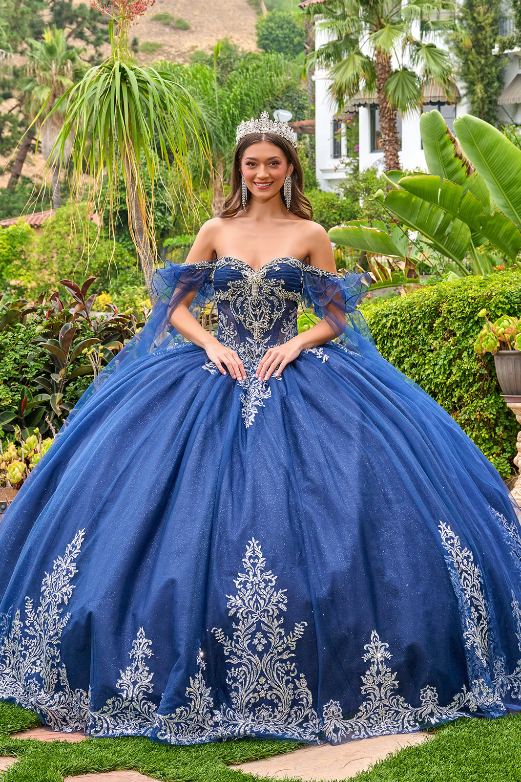 Beaded Cape Sleeve Ball Gown by Elizabeth K GL3752