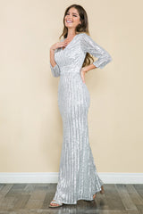 Sequin Fitted 3/4 Sleeve Gown by Lenovia 5247 - Outlet