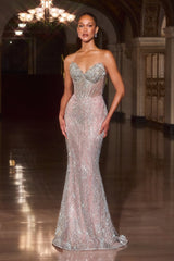 Beaded Fitted Strapless Gown by Ladivine J903