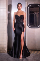 Beaded Satin Strapless Slit Gown by Ladivine KV1132