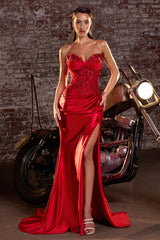 Beaded Satin Strapless Slit Gown by Ladivine KV1132