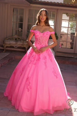 Floral Applique Off Shoulder Ball Gown by Nox Anabel H1352 - Outlet