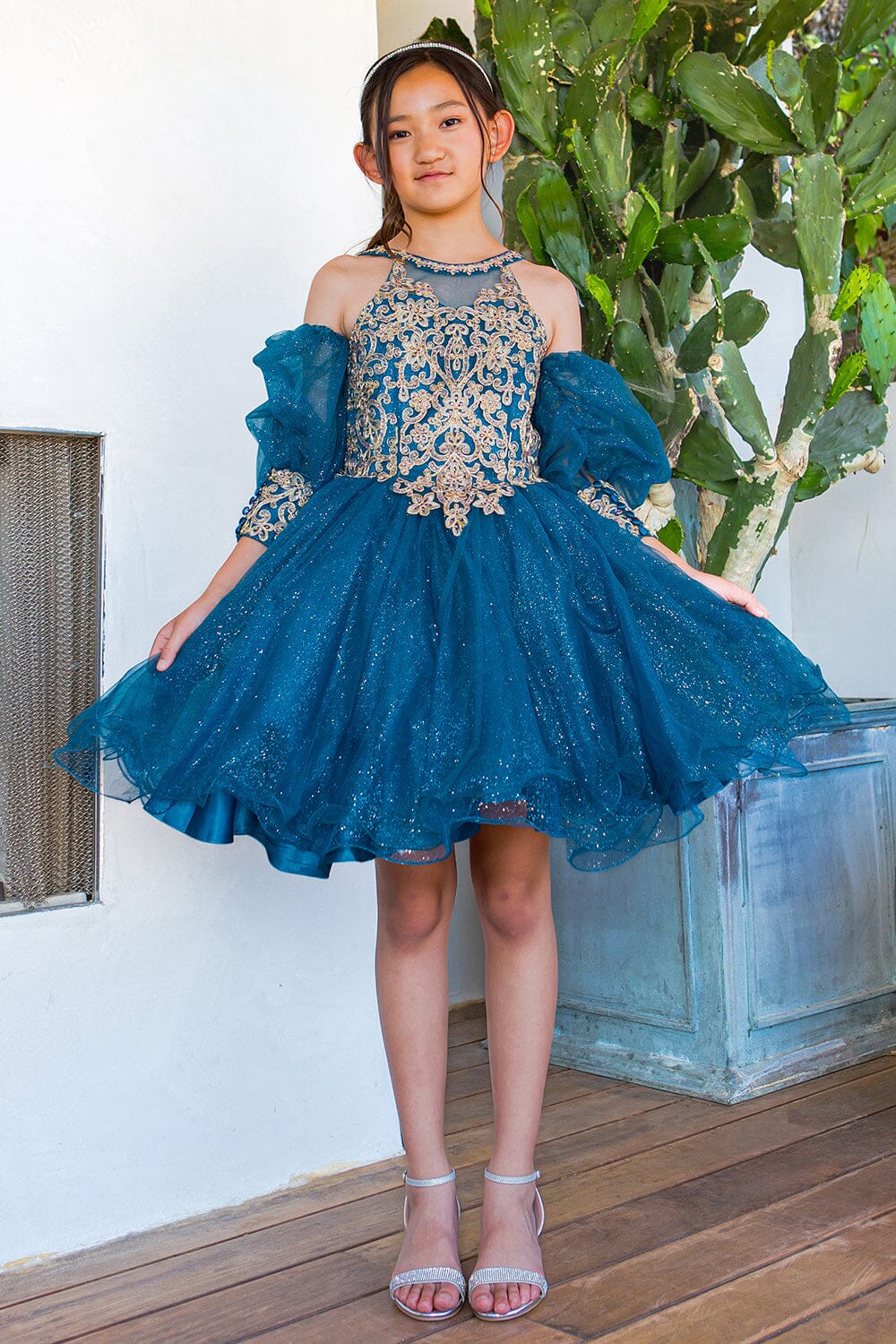 Girls Applique Short Puff Sleeve Dress by Cinderella Couture 5113 - Outlet