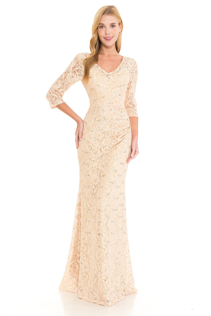 Sequin Lace Fitted 3/4 Sleeve Gown by Lenovia 5223 - Outlet