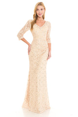 Sequin Lace Fitted 3/4 Sleeve Gown by Lenovia 5223 - Outlet