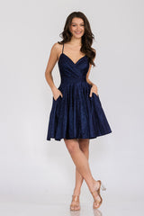 Metallic Short V-Neck A-line Dress by Lenovia 3075